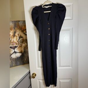 Zara Navy Ribbed Midi Dress with Puff Shoulders